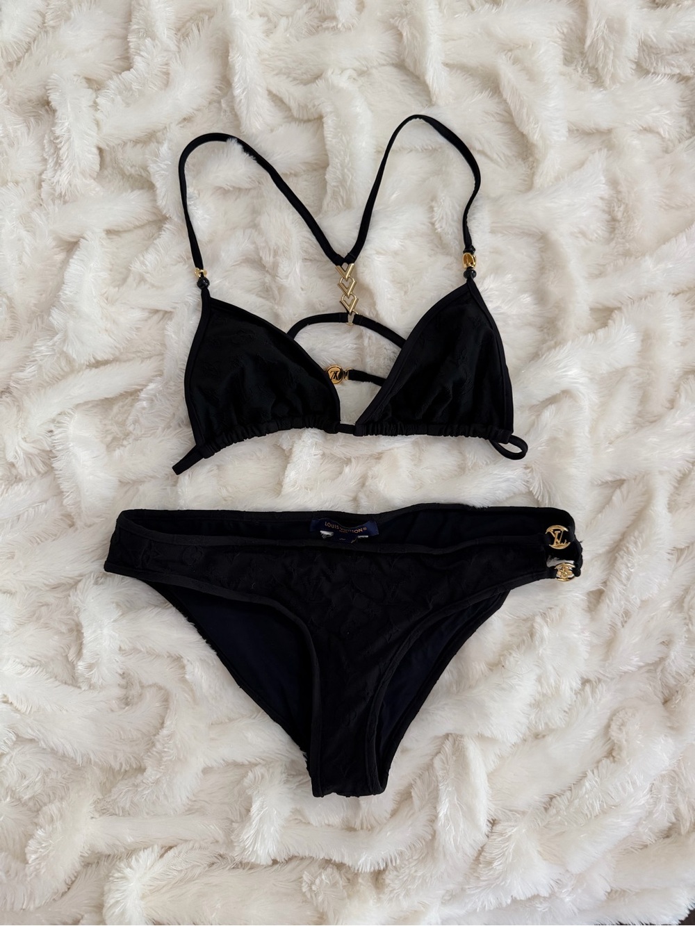 Louis Vuitton Black Monogramed Two-Piece Bikini with Gold Accents